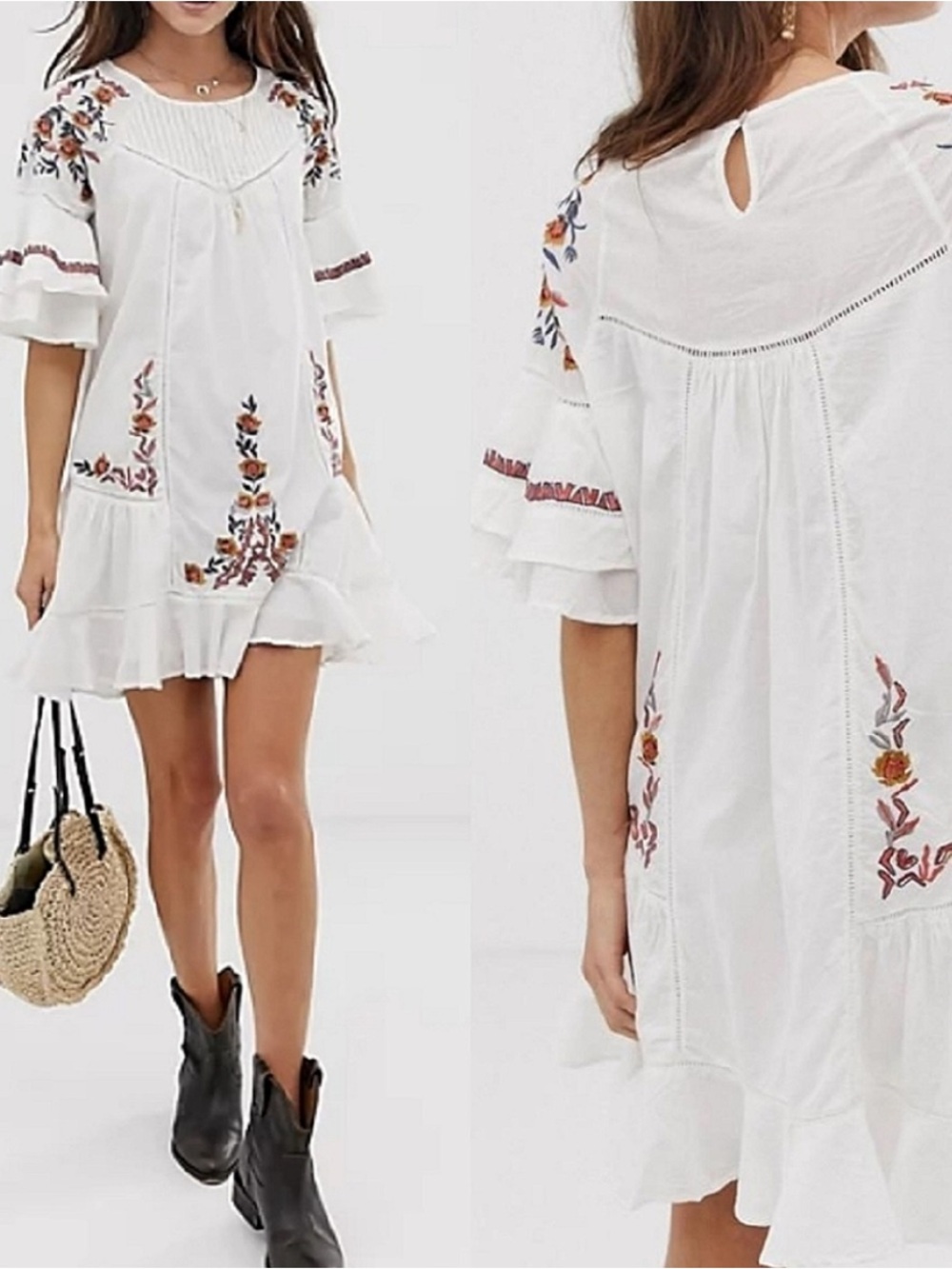 Free People Pavlo Cotton Embroidered Cottage Peasant Babydoll Cotton Dress L - Picture 4 of 11